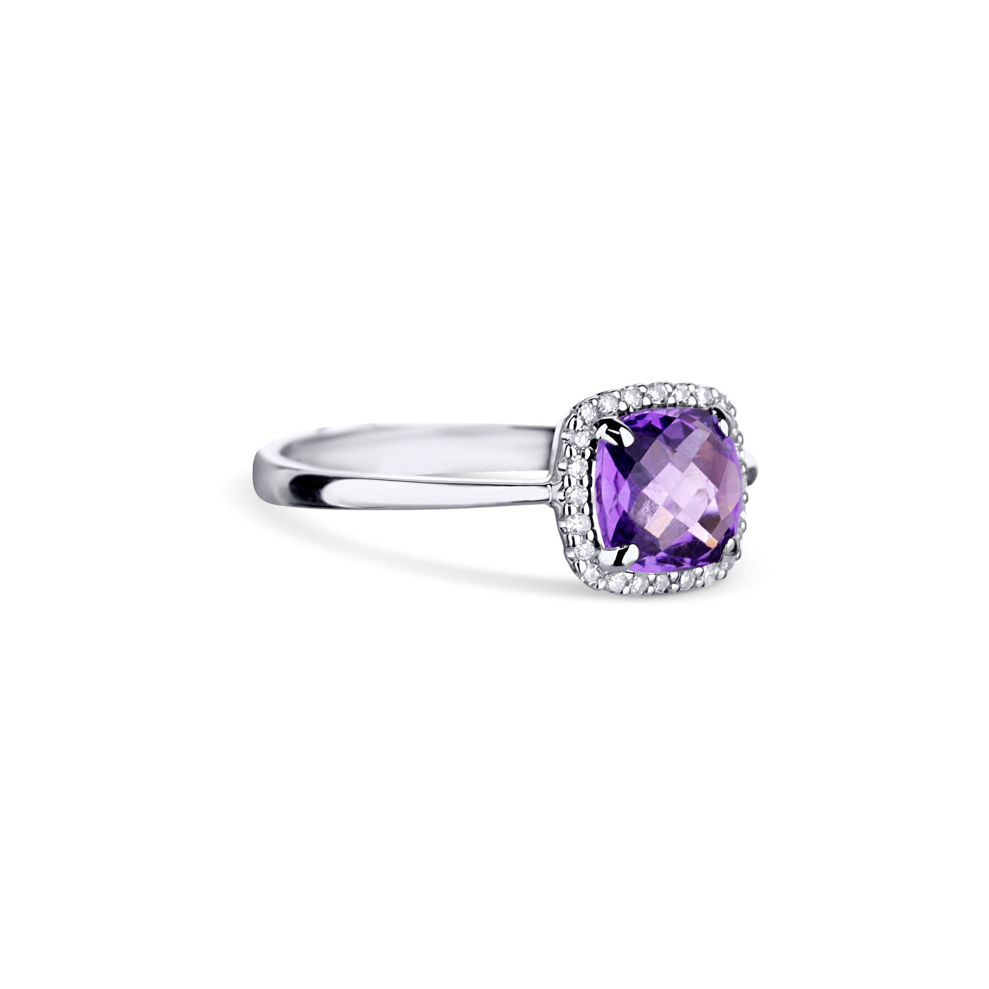 14K White Gold Amethyst Cushion Cut Center Stone With Diamond Halo Size 6.25