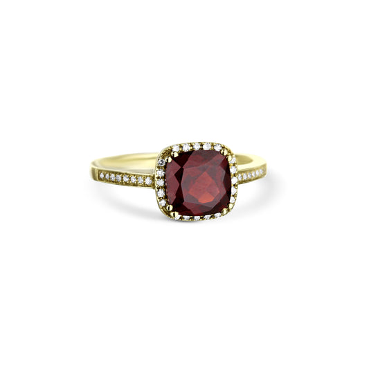 14K Yellow Gold 2.27ct Garnet Cushion Cut Center Stone With Diamond Halo