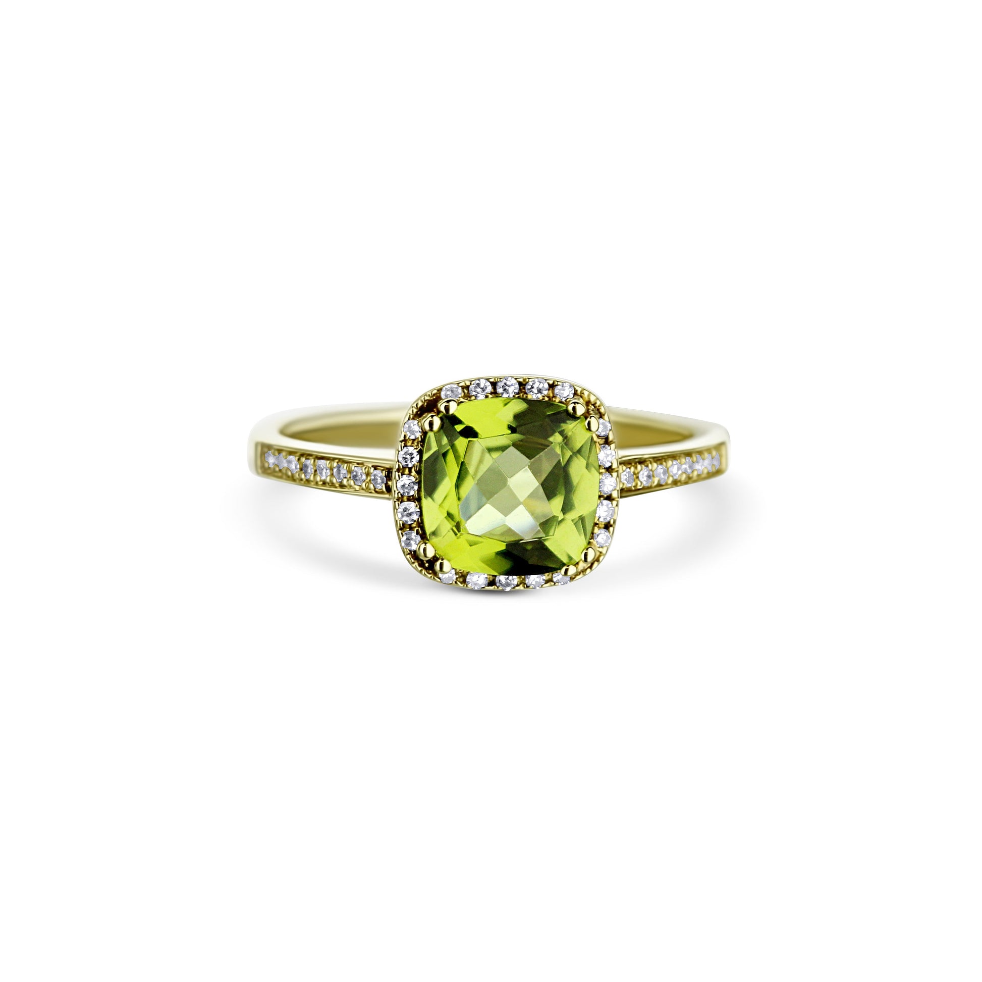 14K Yellow Gold Peridot Cushion Cut Center Stone With Diamond Halo