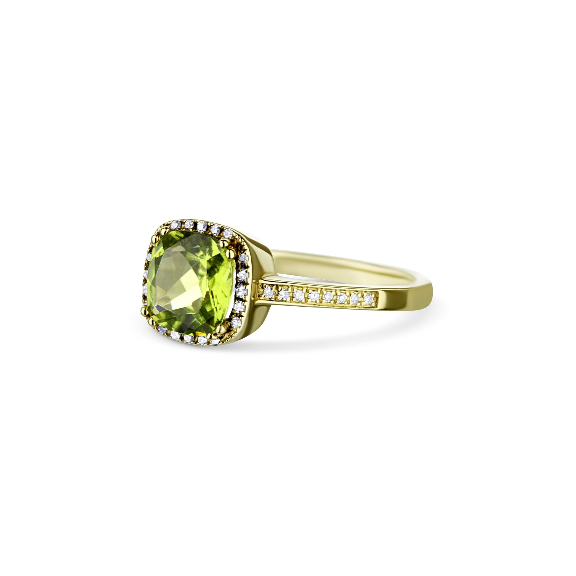 14K Yellow Gold Peridot Cushion Cut Center Stone With Diamond Halo