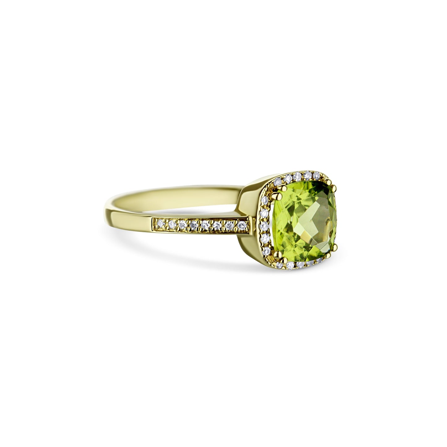 14K Yellow Gold Peridot Cushion Cut Center Stone With Diamond Halo