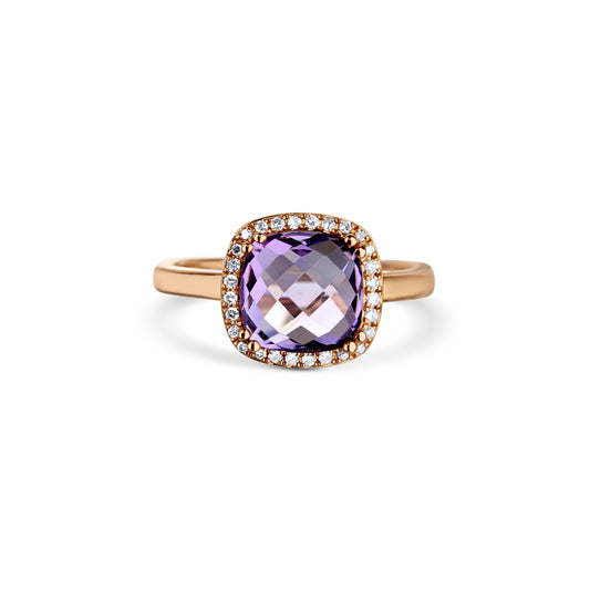 14K Rose Gold Amethyst Center Stone Cushion Cut Ring With Diamond Halo