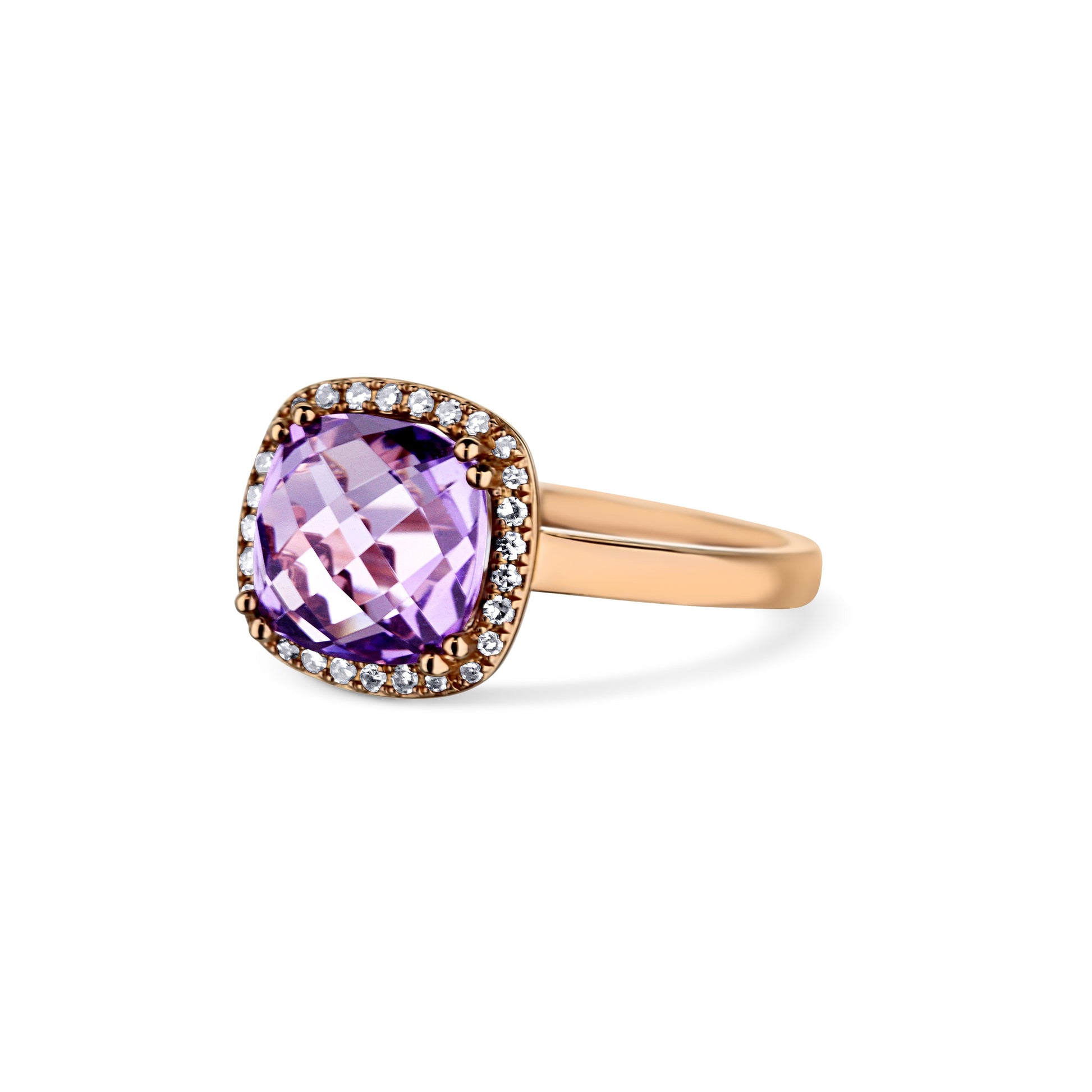 14K Rose Gold Amethyst Center Stone Cushion Cut Ring With Diamond Halo