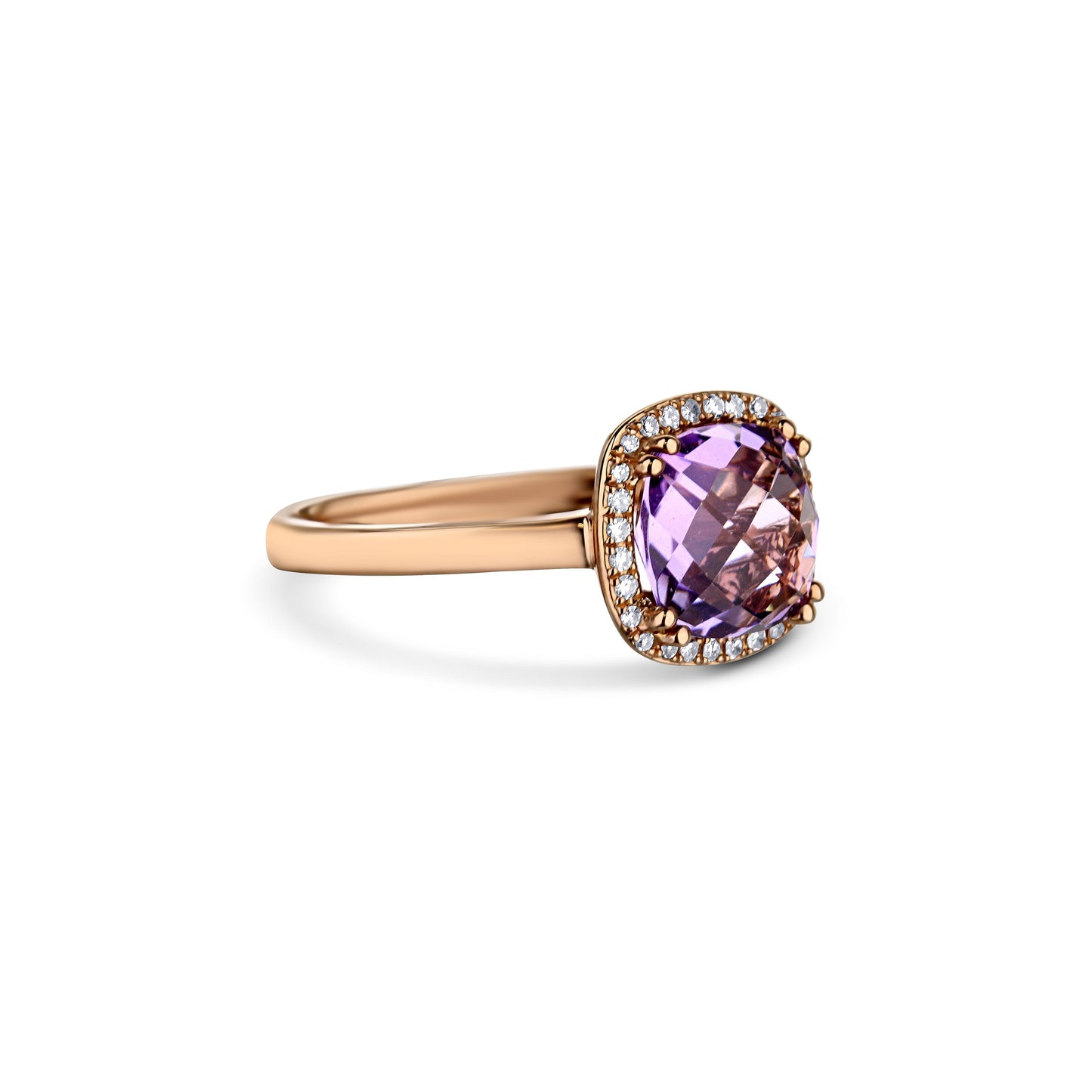 14K Rose Gold Amethyst Center Stone Cushion Cut Ring With Diamond Halo