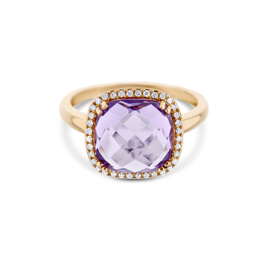 14K Rose Gold Amethyst Center Stone Cushion Cut Ring With Diamond Halo