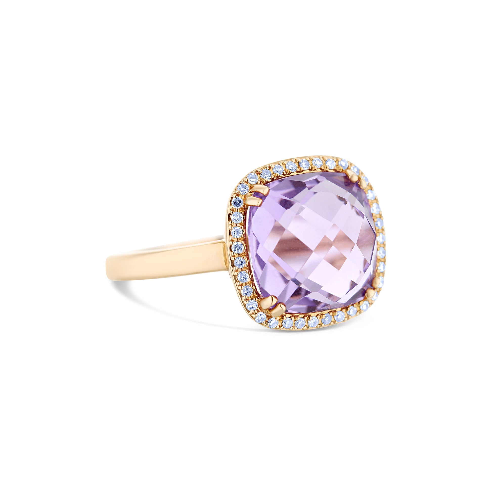 14K Rose Gold Amethyst Center Stone Cushion Cut Ring With Diamond Halo