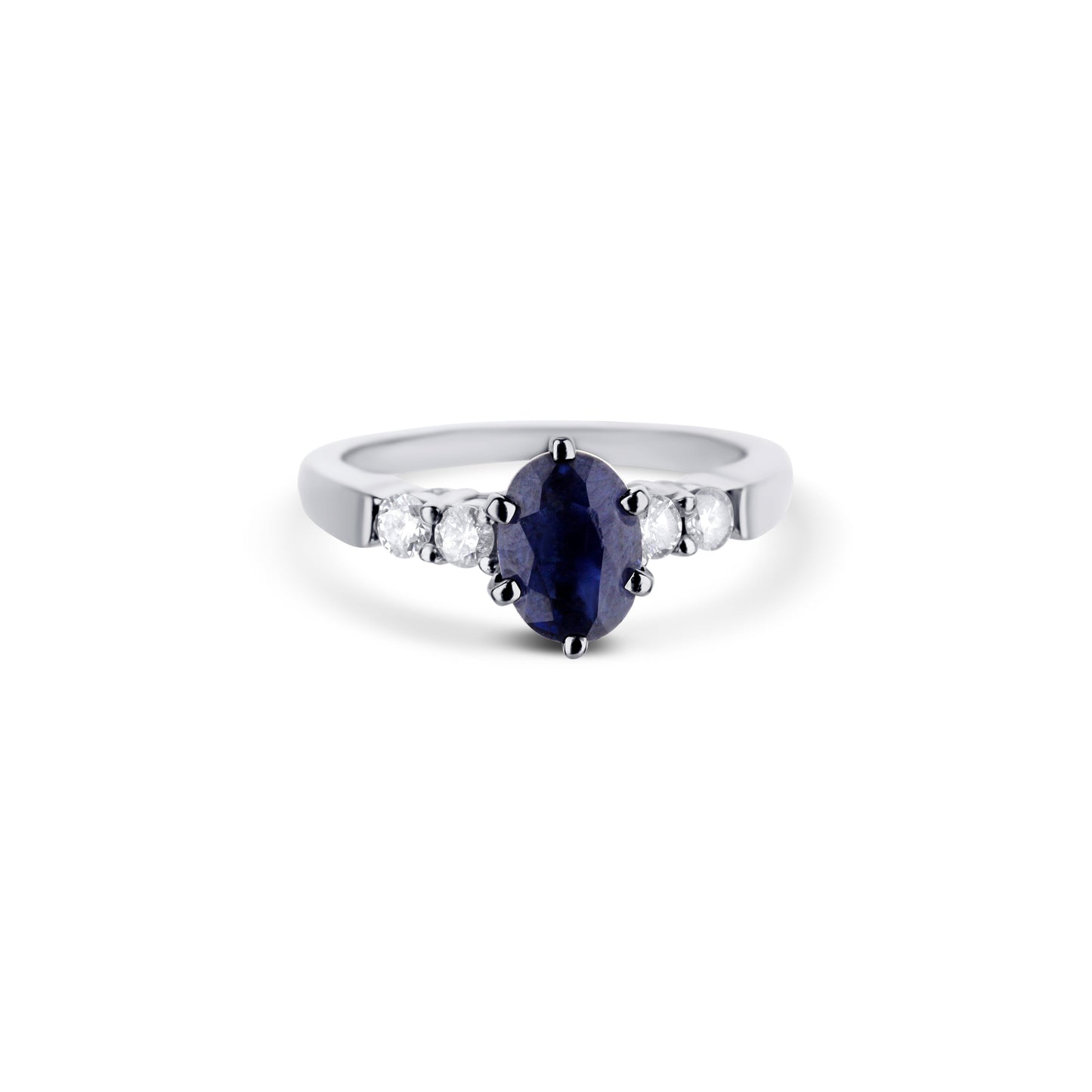 14K White Gold Oval Blue Sapphire Ring With Accent Diamonds