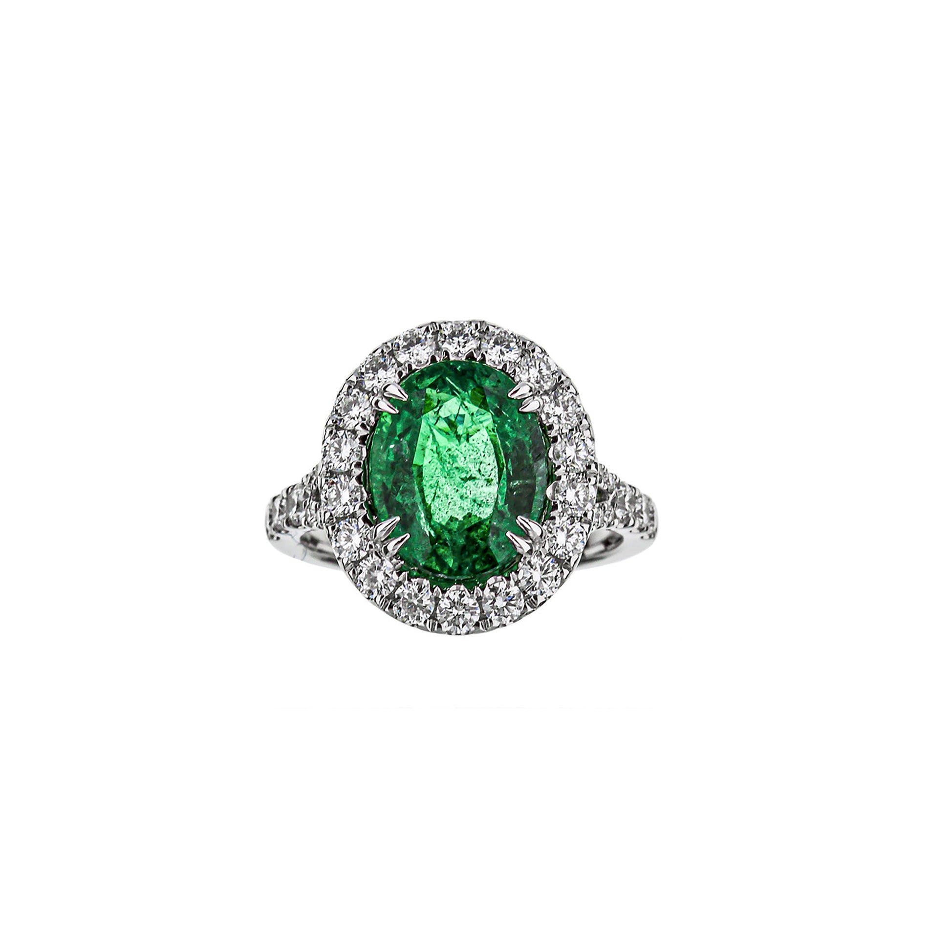 18K White Gold Oval Emerald Diamond Halo Ring