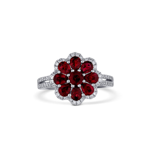 18K White Gold Flower Ruby Cluster Diamond Halo And Half Split Diamond Shank Ring