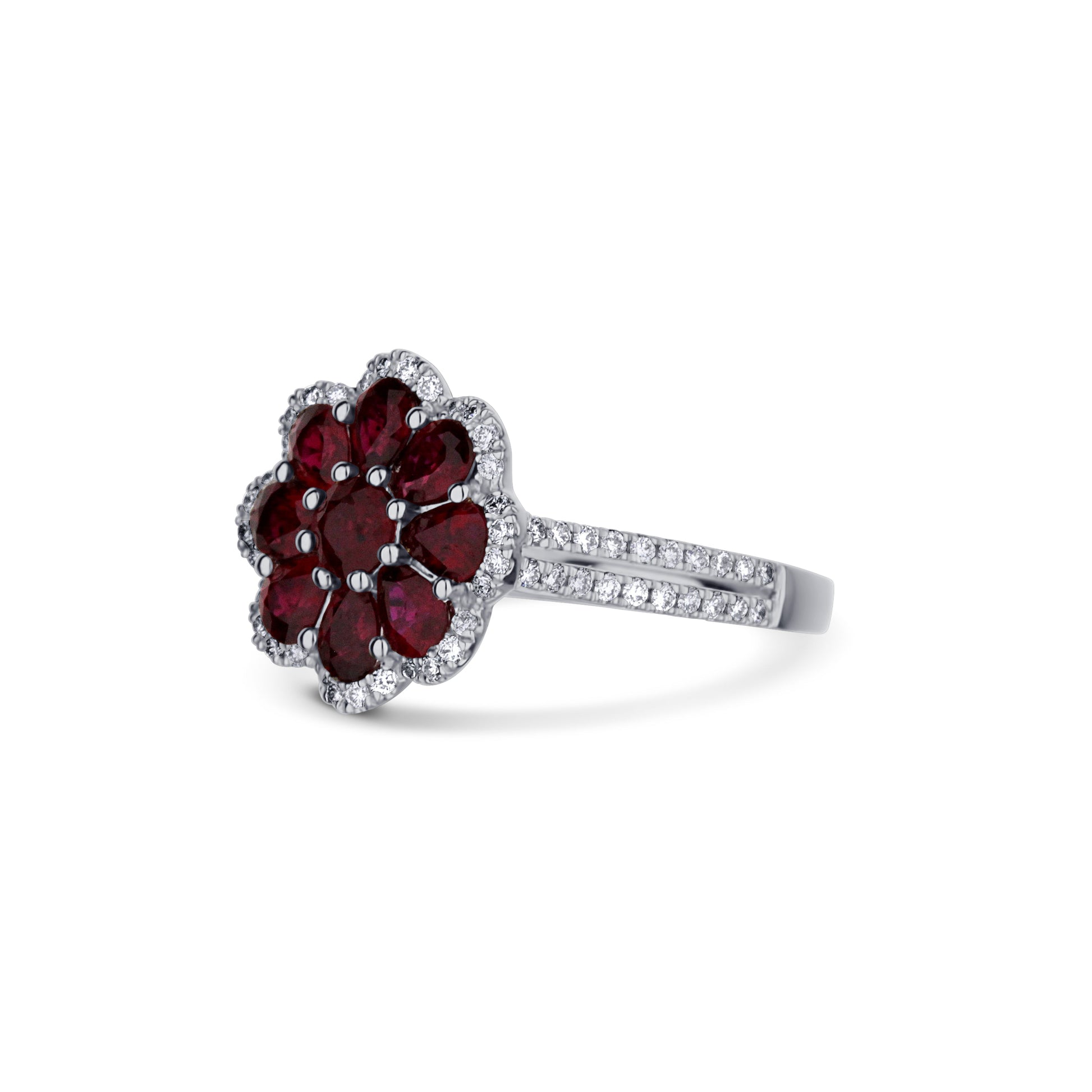 18K White Gold Flower Ruby Cluster Diamond Halo And Half Split Diamond Shank Ring