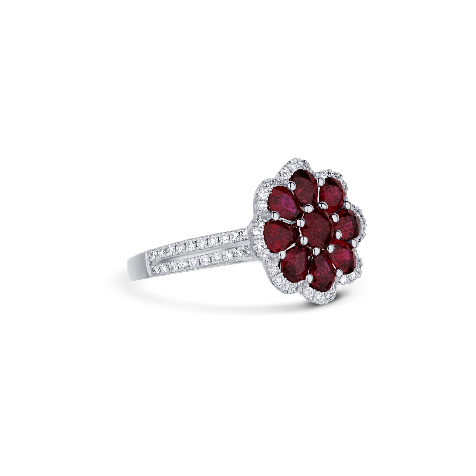 18K White Gold Flower Ruby Cluster Diamond Halo And Half Split Diamond Shank Ring