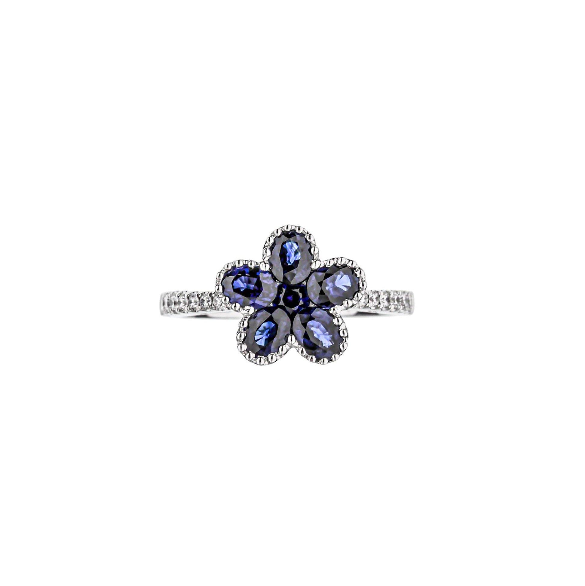 18K White Gold Blue Sapphire Flower Ring With Studded Halo And Half Diamond Shank