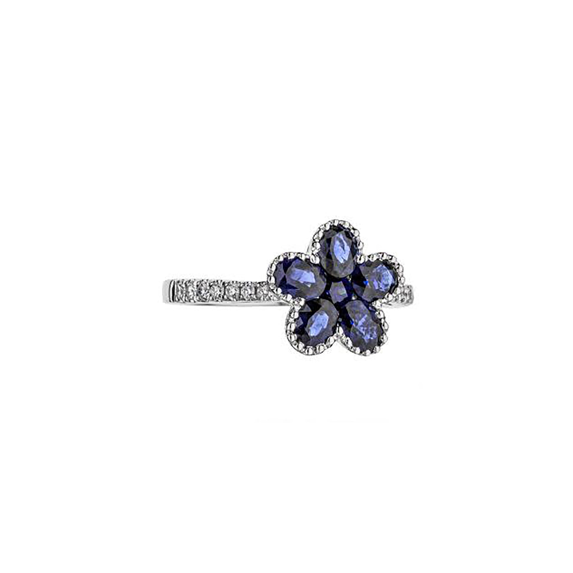 18K White Gold Blue Sapphire Flower Ring With Studded Halo And Half Diamond Shank