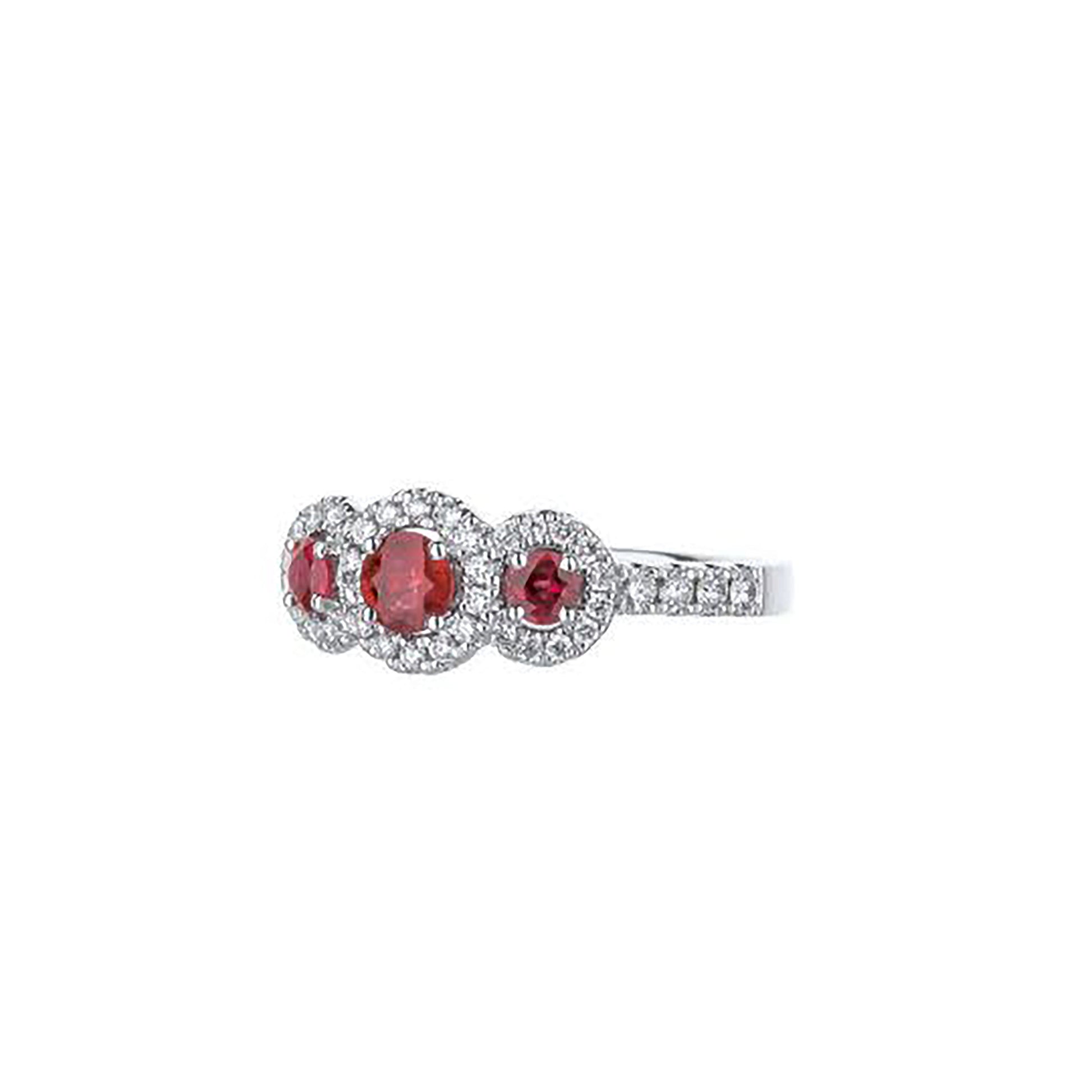 18K White Gold 3 Ruby With Diamond Halo And Quarter Diamond Shank Ring