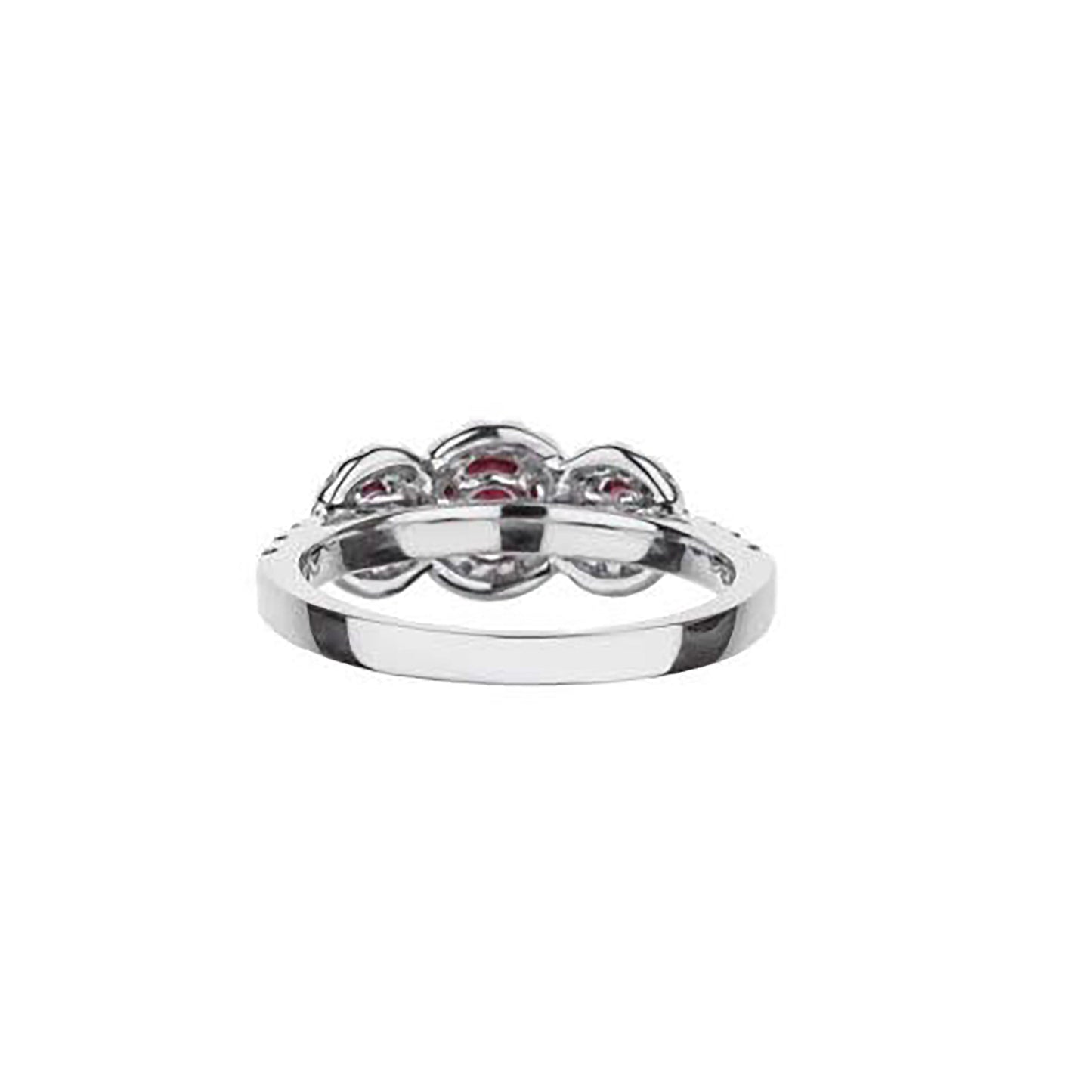 18K White Gold 3 Ruby With Diamond Halo And Quarter Diamond Shank Ring