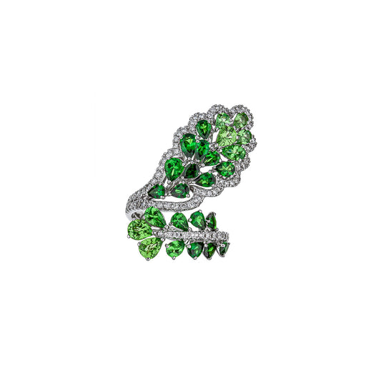 18K White Gold Designer Leaf Design Tsavorite Green Garnet Diamond Halo Ring