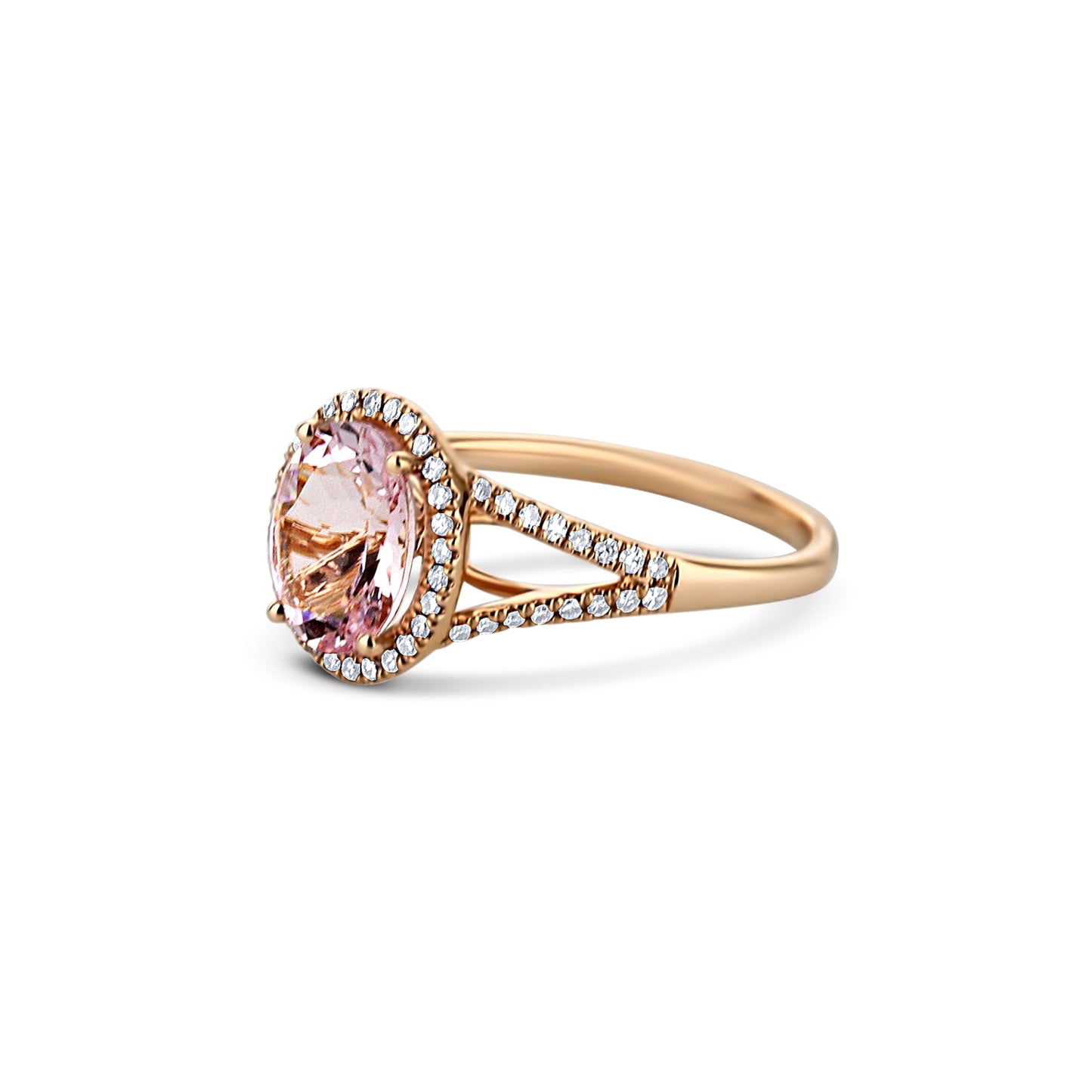 14K Rose Gold Oval Cut Morganite Ring With Diamond Halo