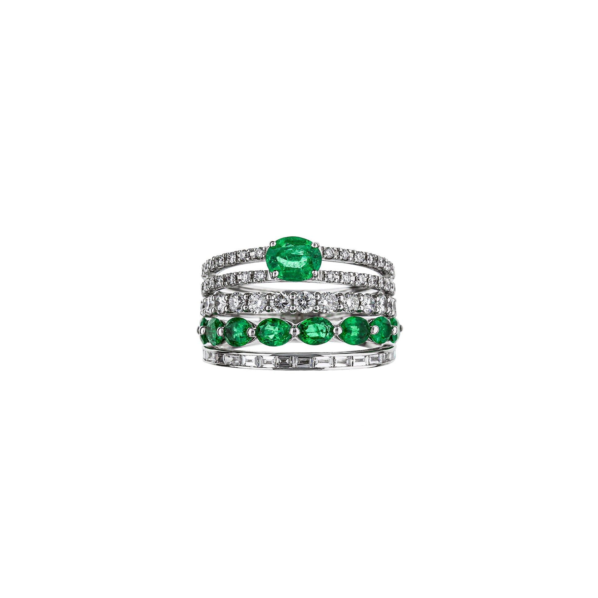 18K White Gold Emerald And Diamond 5 Row Half Band