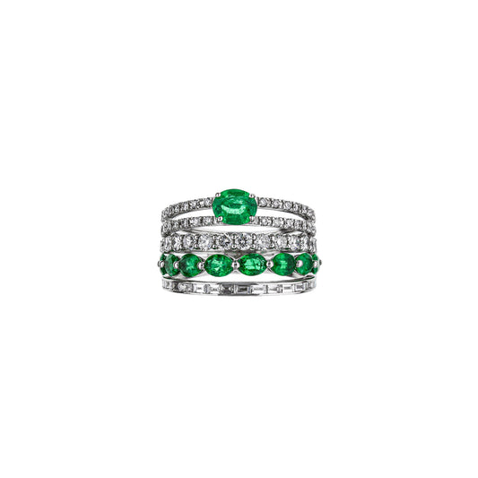 18K White Gold Emerald And Diamond 5 Row Half Band