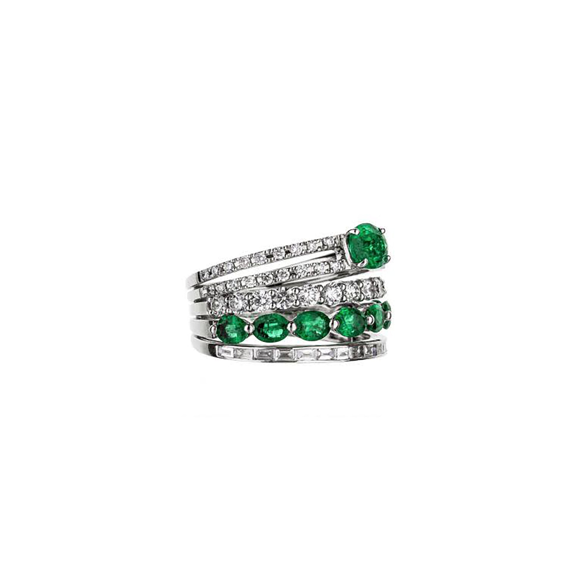 18K White Gold Emerald And Diamond 5 Row Half Band