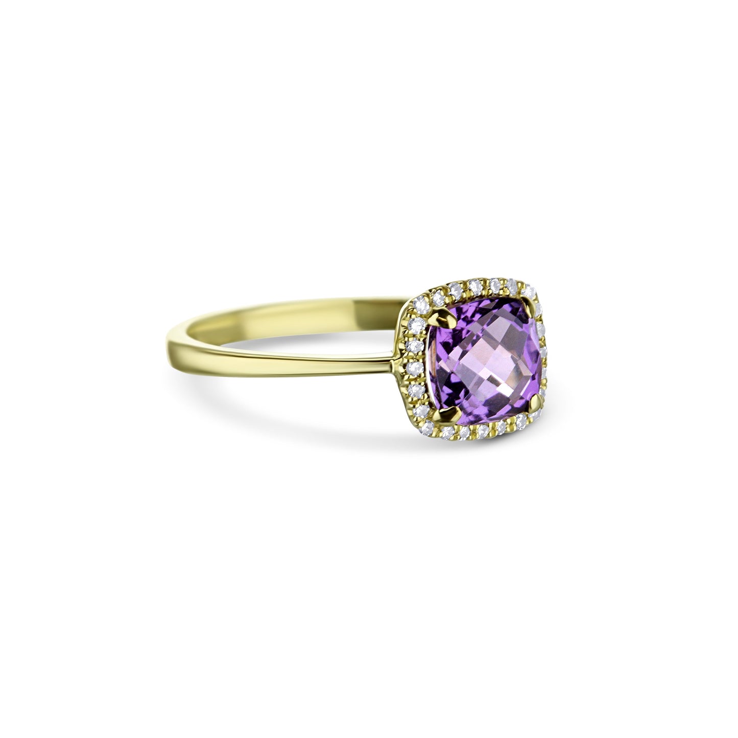 14K Yellow Gold Amethyst Cushion Cut Halo Ring