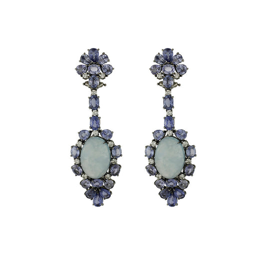 18K White Gold With Black Rhodium-Plated Blue Sapphire, Diamond, & Aquamarine Dangle Earrings