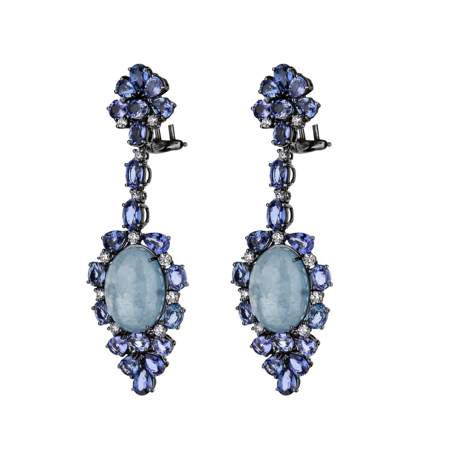 18K White Gold With Black Rhodium-Plated Blue Sapphire, Diamond, & Aquamarine Dangle Earrings