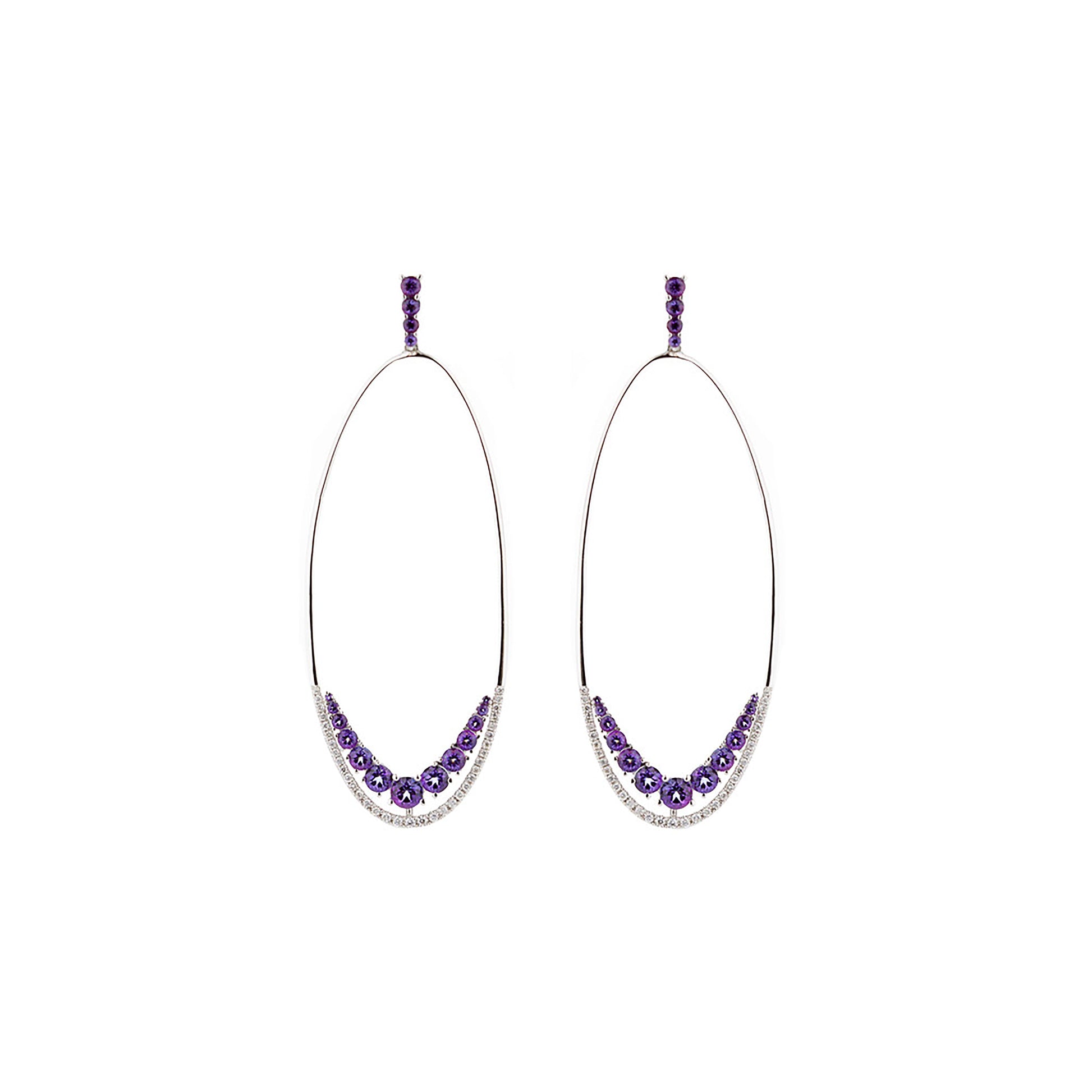 18K White Gold Diamond And Purple Amethyst Oval Drop Earrings