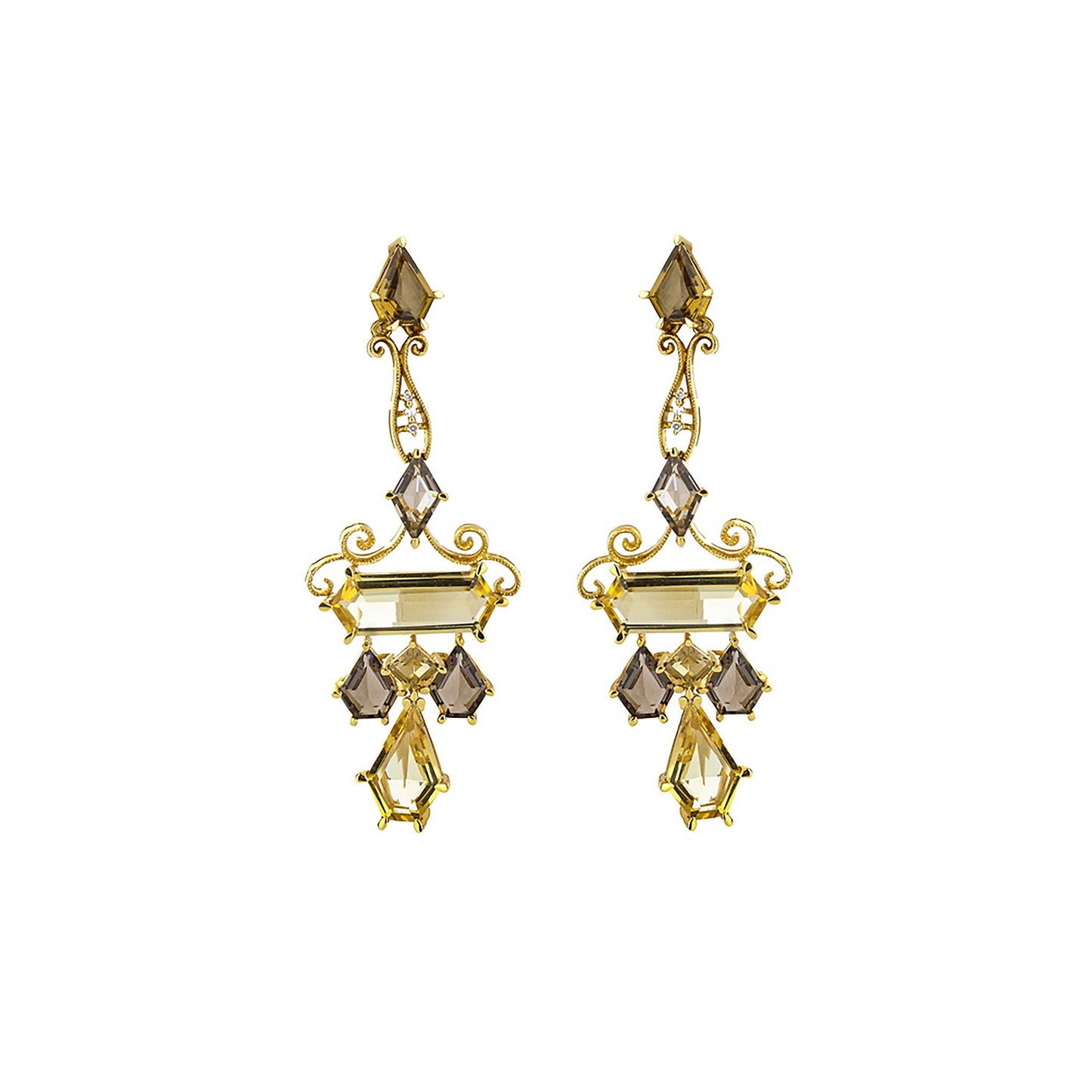 18K Yellow Gold Ornate Citrine & Diamond Chandelier Earrings