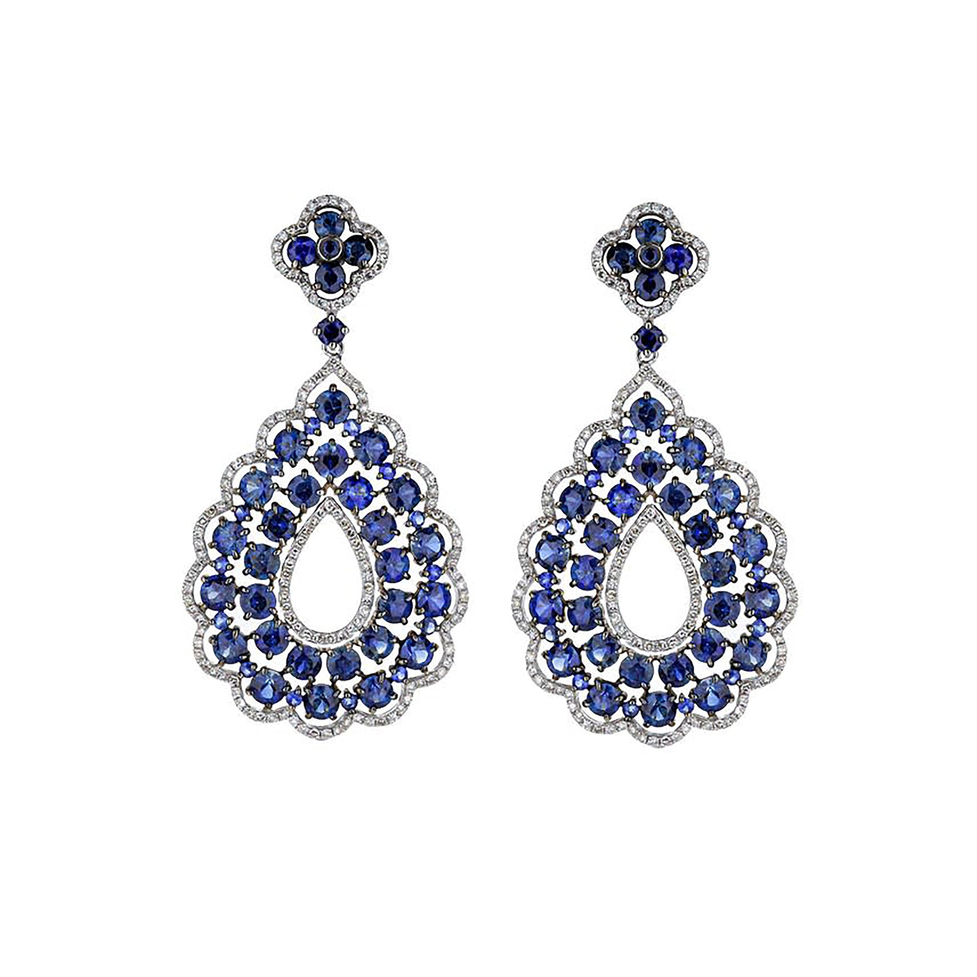 14K White Gold Diamond Blue Sapphire Pear-Drop Earrings