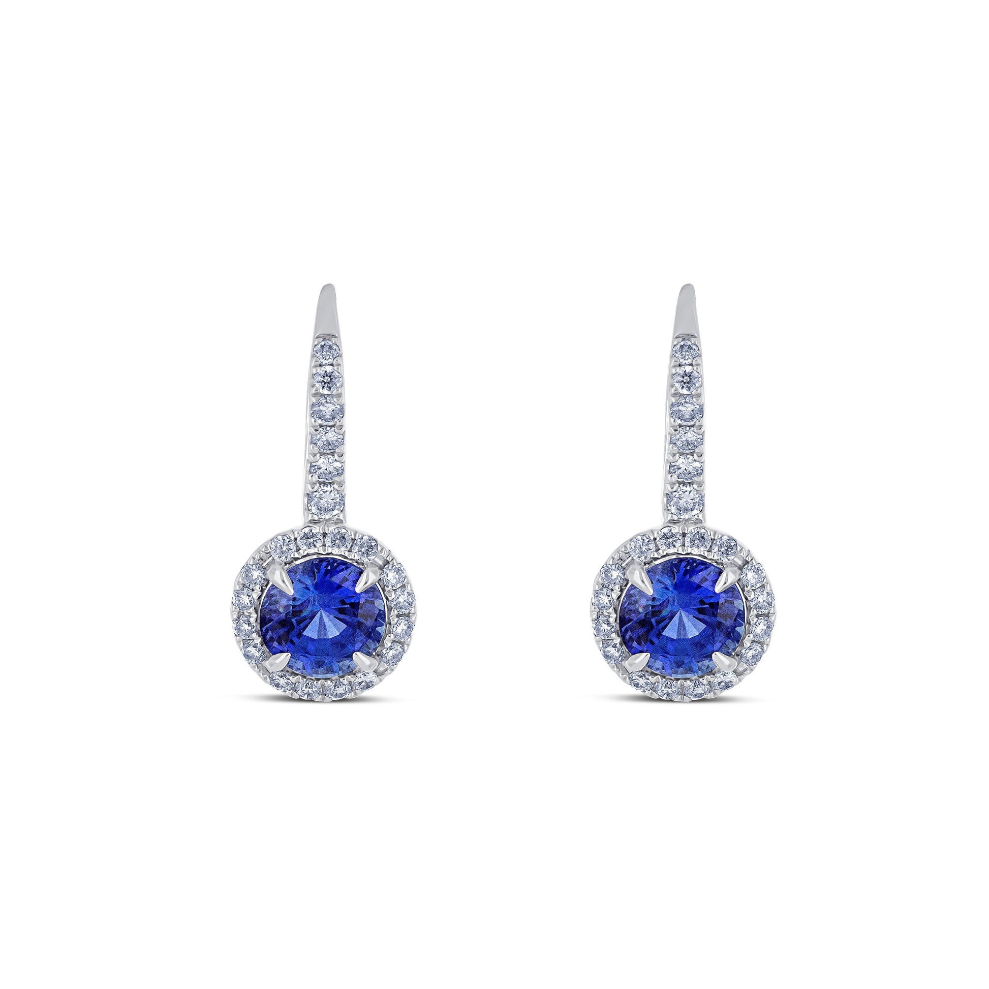 18K White Gold Blue Sapphire Diamond Halo European Backing Earrings