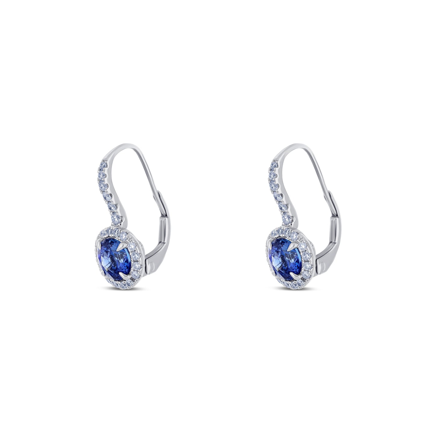 18K White Gold Blue Sapphire Diamond Halo European Backing Earrings