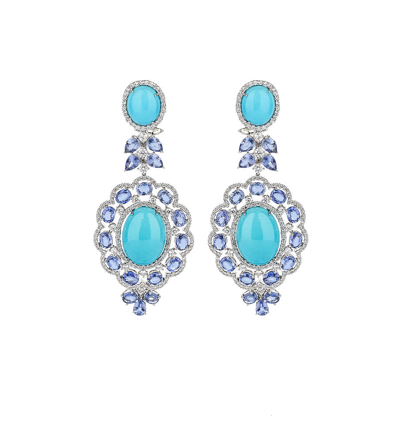 18K White Gold Oval Cabochon Turquoise & Faceted Tanzanite Diamond Dangle Earrings