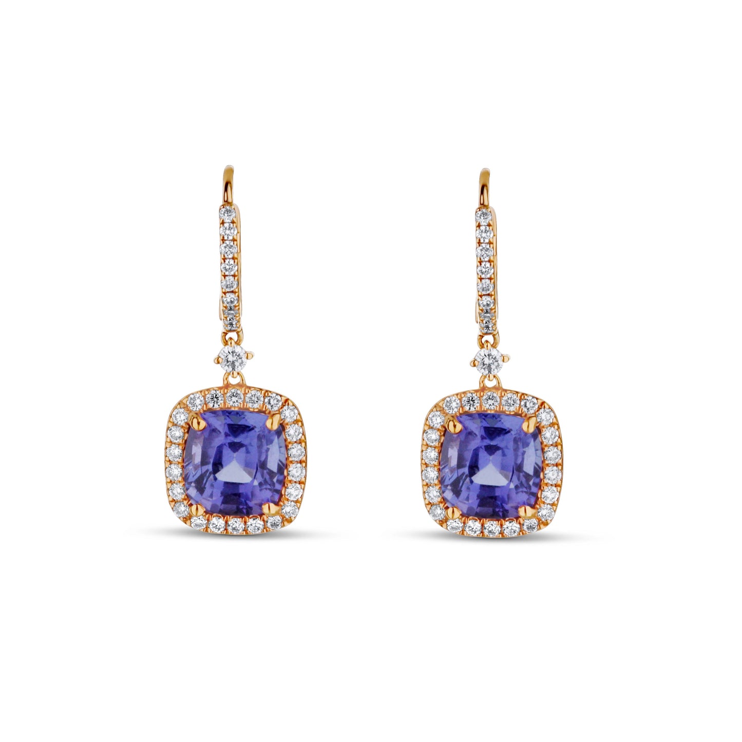 18K Rose Gold Cushion Tanzanite Diamond Halo Dangle Earrings