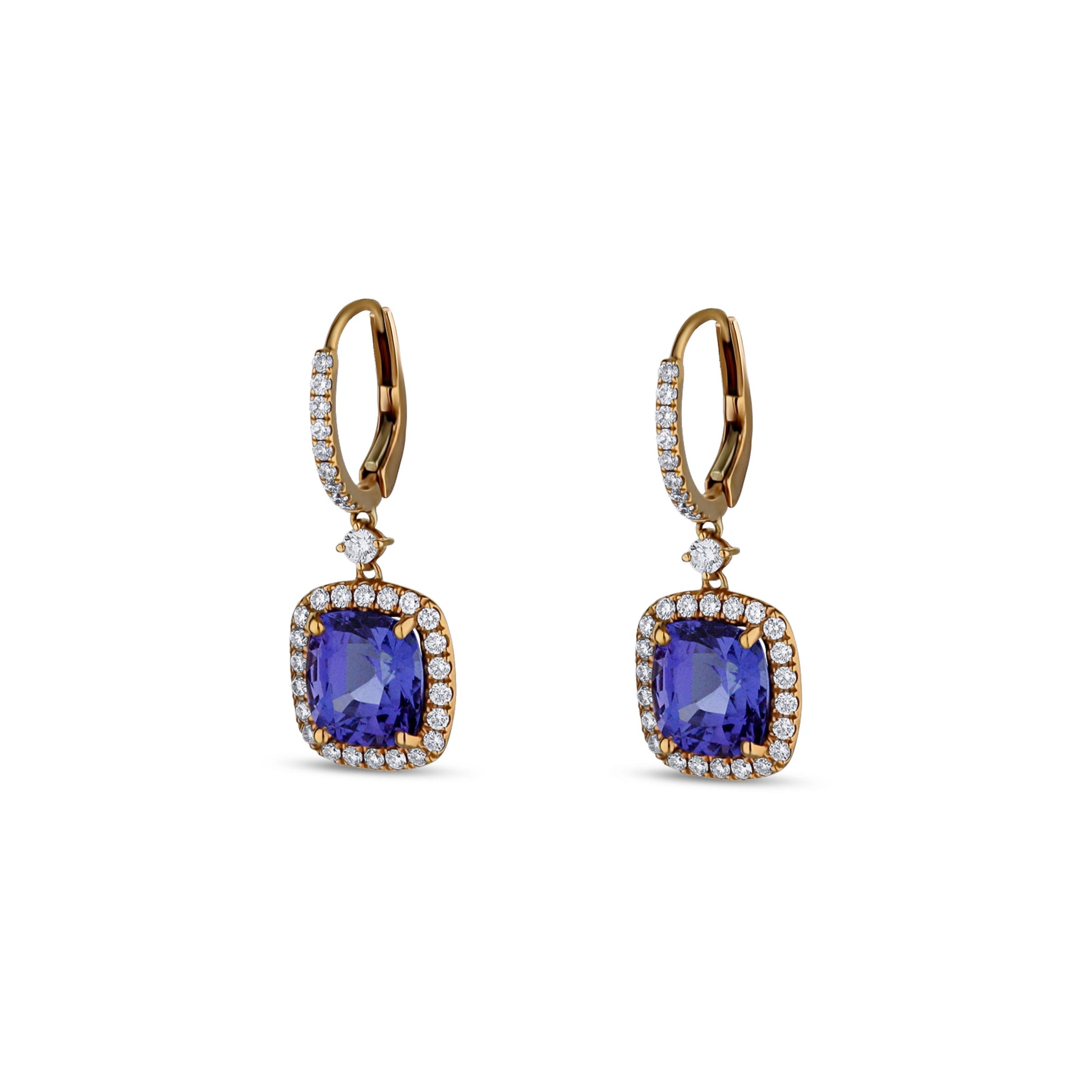 18K Rose Gold Cushion Tanzanite Diamond Halo Dangle Earrings