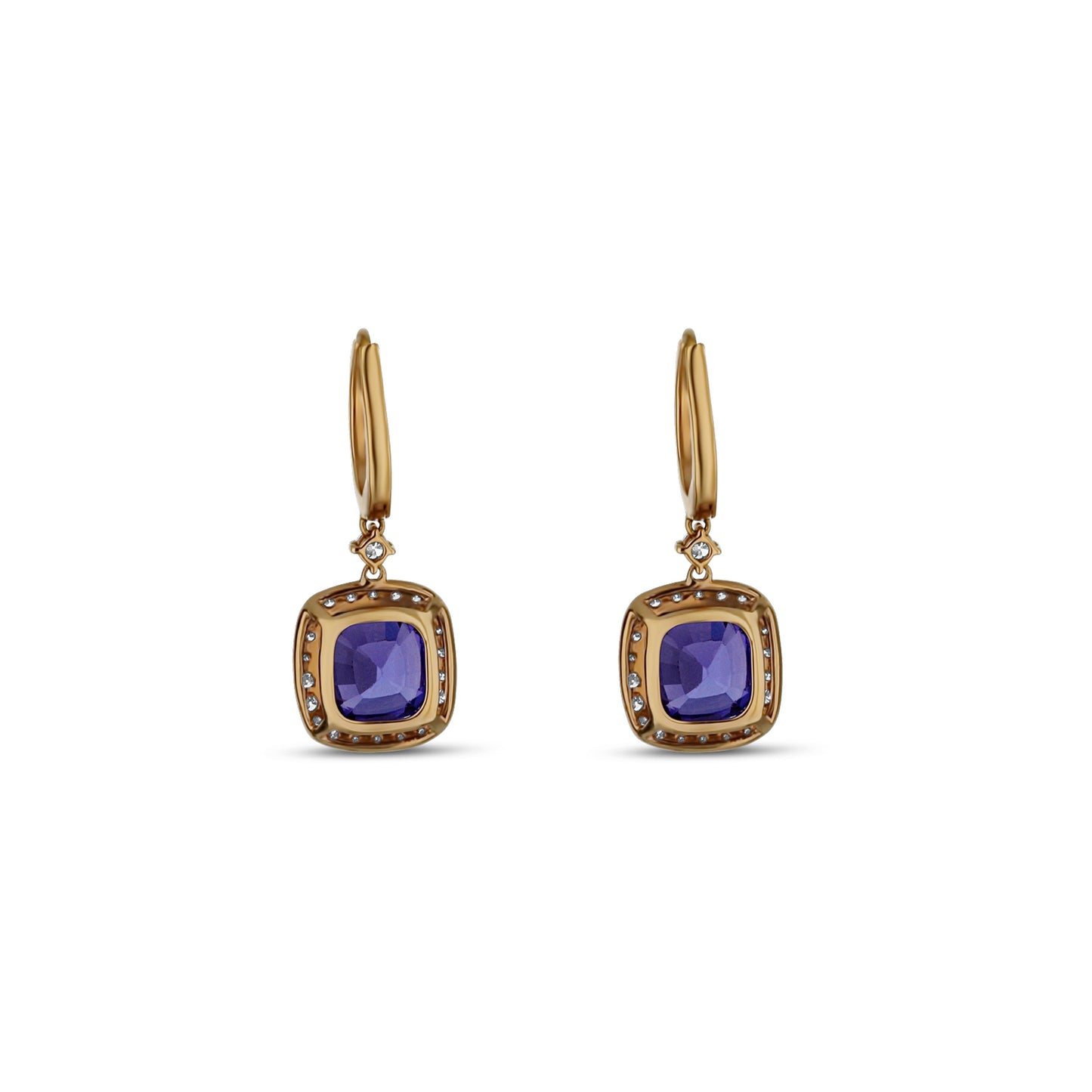 18K Rose Gold Cushion Tanzanite Diamond Halo Dangle Earrings