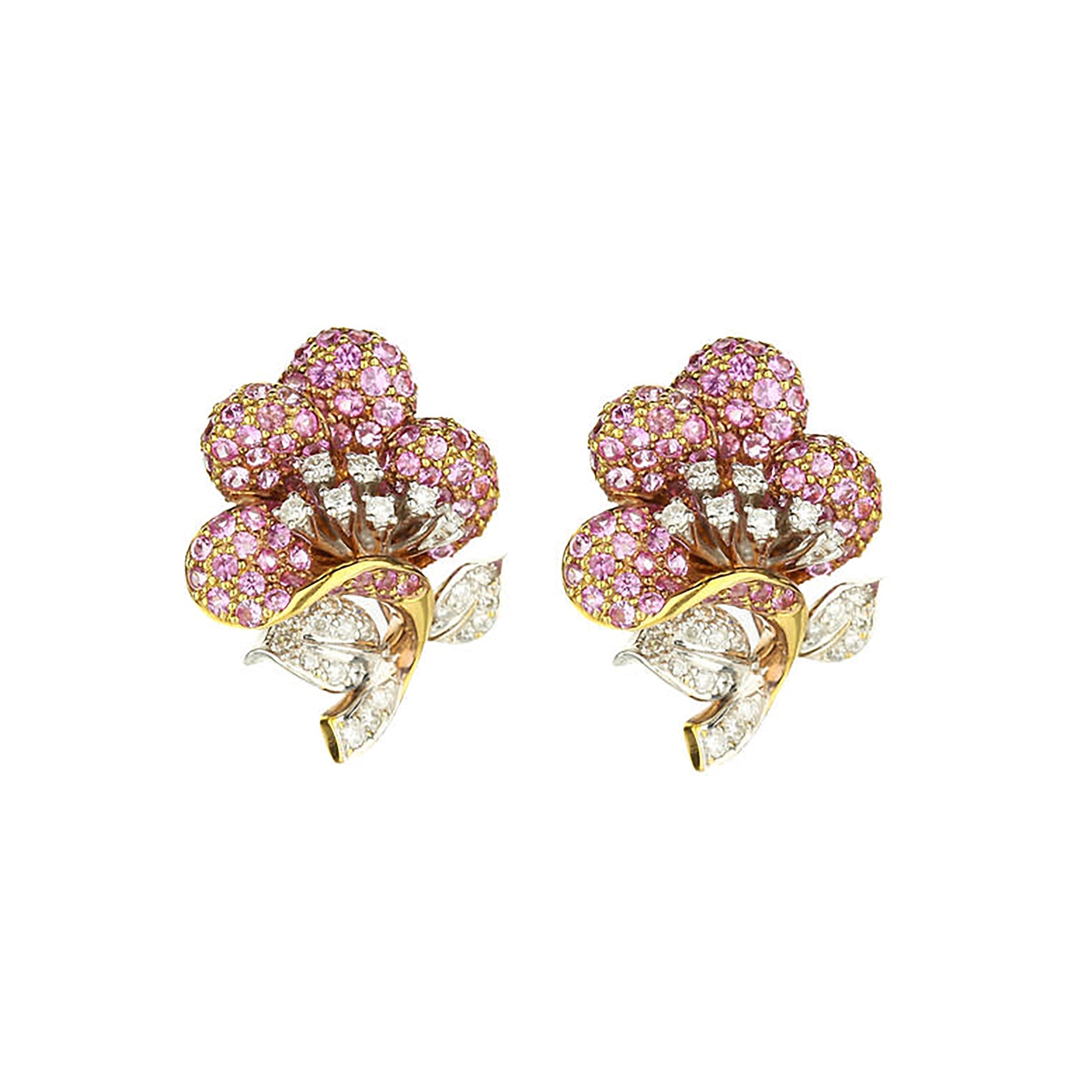 18K Rose Gold Pink Sapphire And Round Diamond Flower Stud Earrings