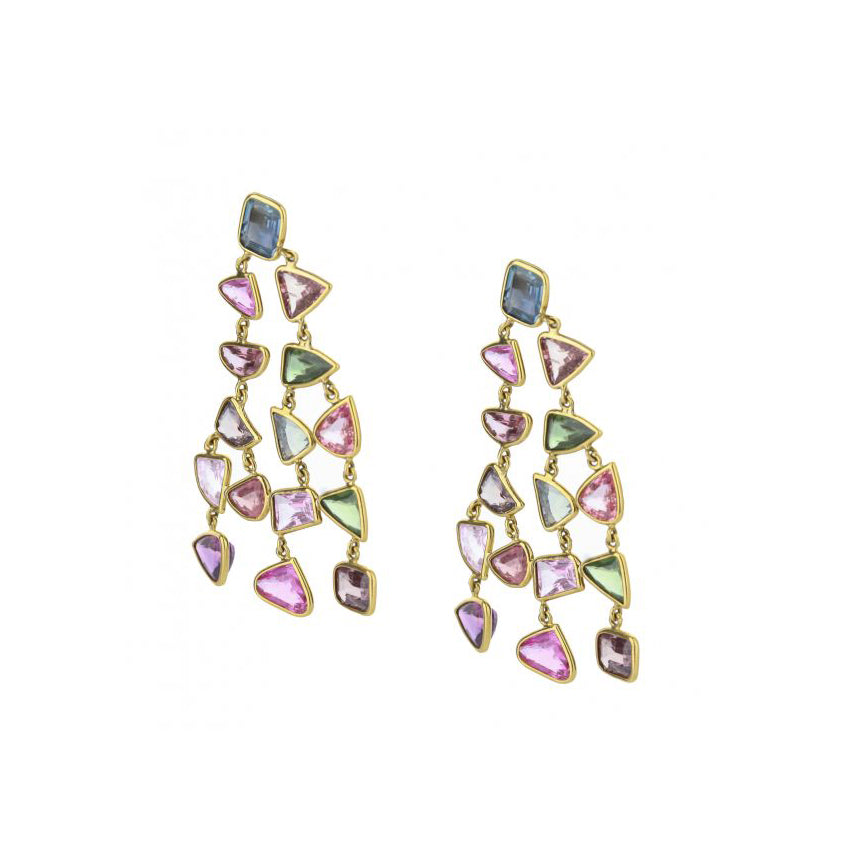 18K Yellow Gold Multicolor Sapphire Drop Earrings