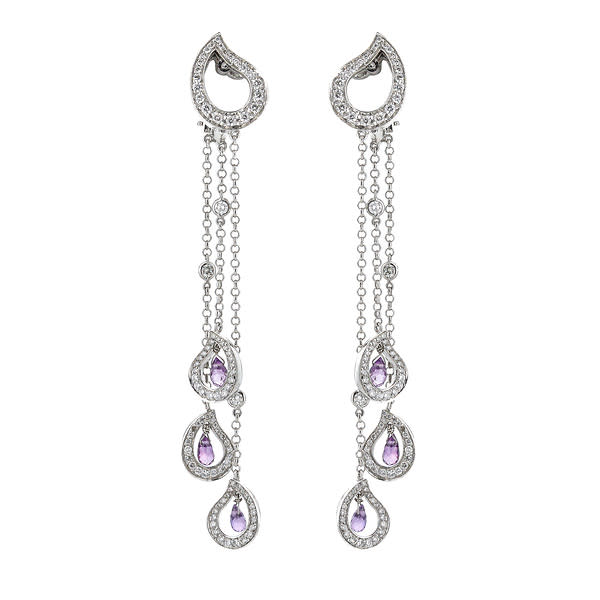 18K White Gold Pink Sapphire Briolette Diamond Dangle Earrings