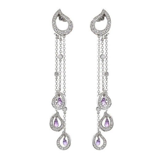 18K White Gold Pink Sapphire Briolette Diamond Dangle Earrings