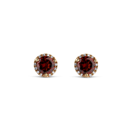 14K Rose Gold 2 Garnet Stone Studs With Diamond Halo Ring