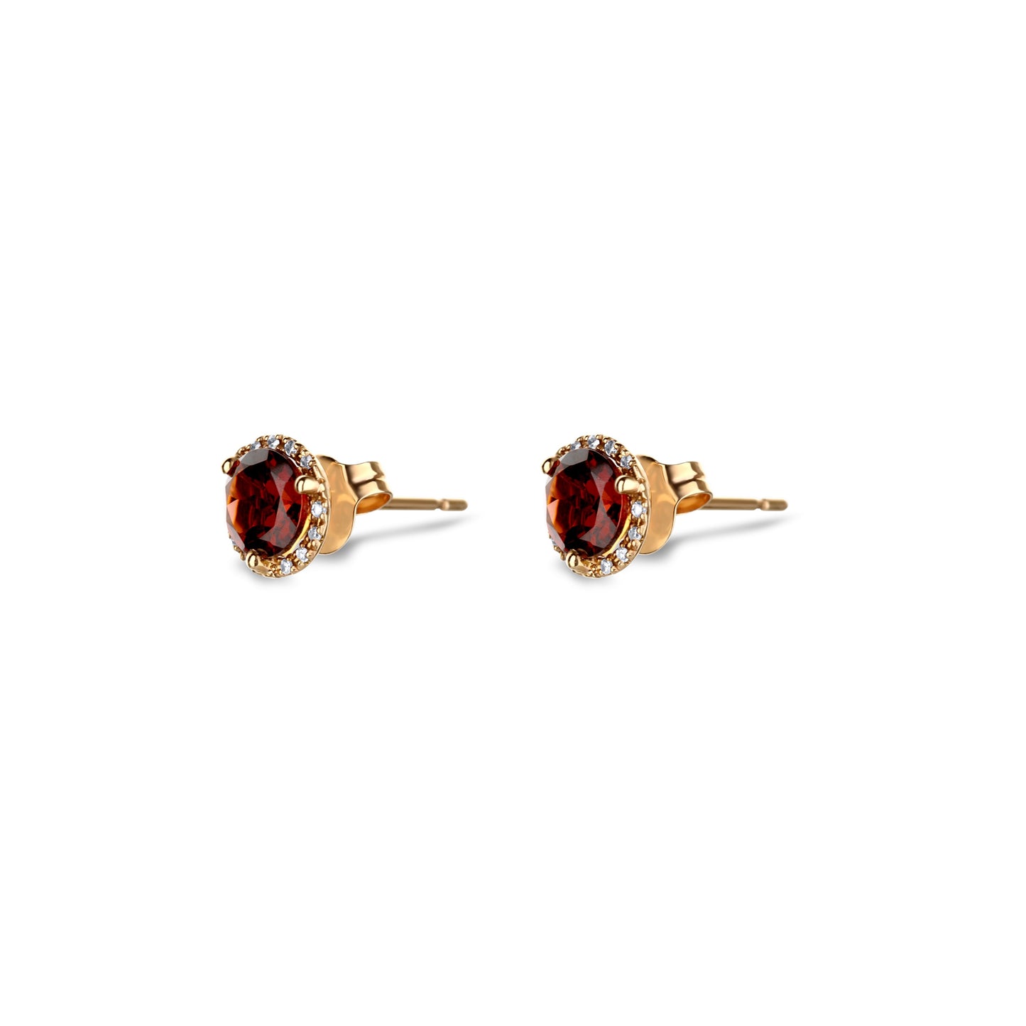 14K Rose Gold 2 Garnet Stone Studs With Diamond Halo Ring