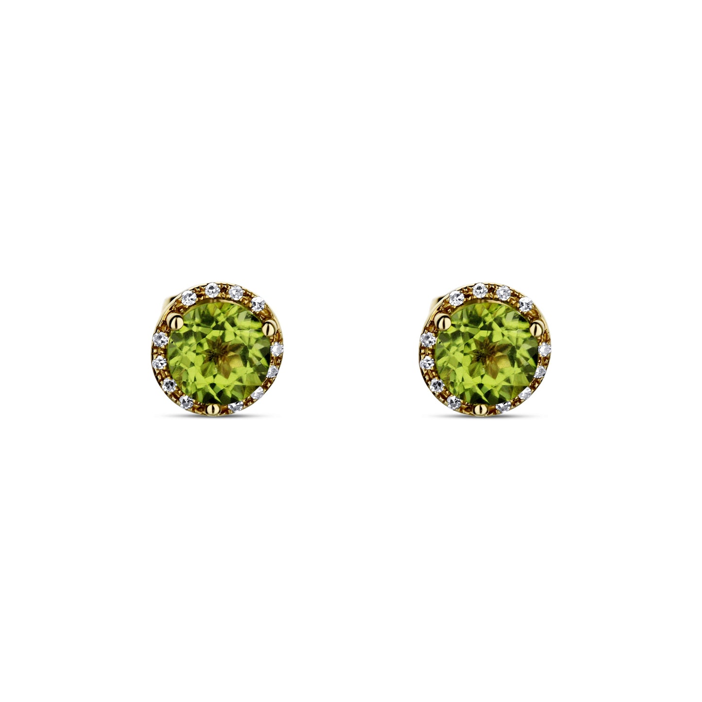 14K Yellow Gold 2 Peridot Stone Studs With Diamond Halo