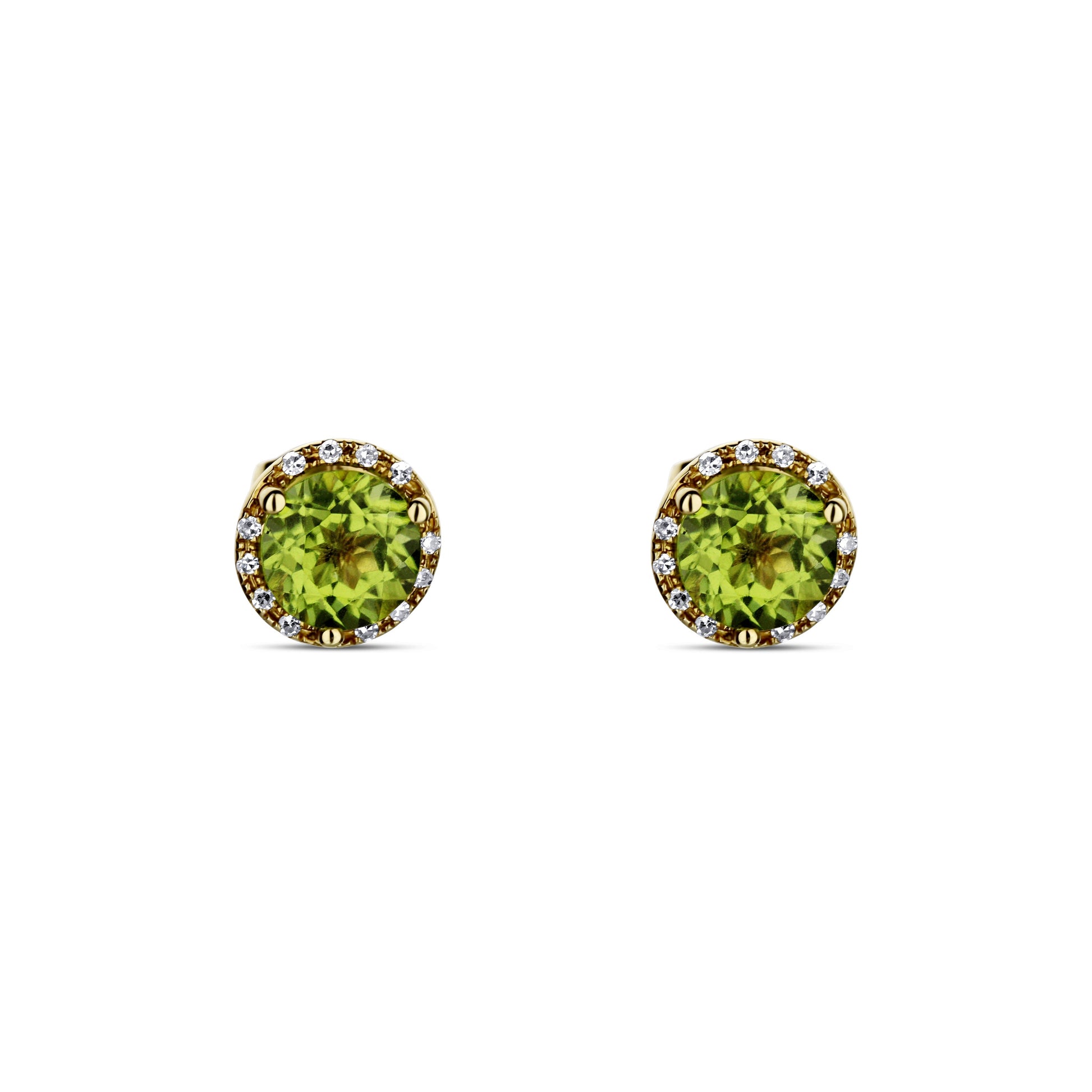 14K Yellow Gold 2 Peridot Stone Studs With Diamond Halo