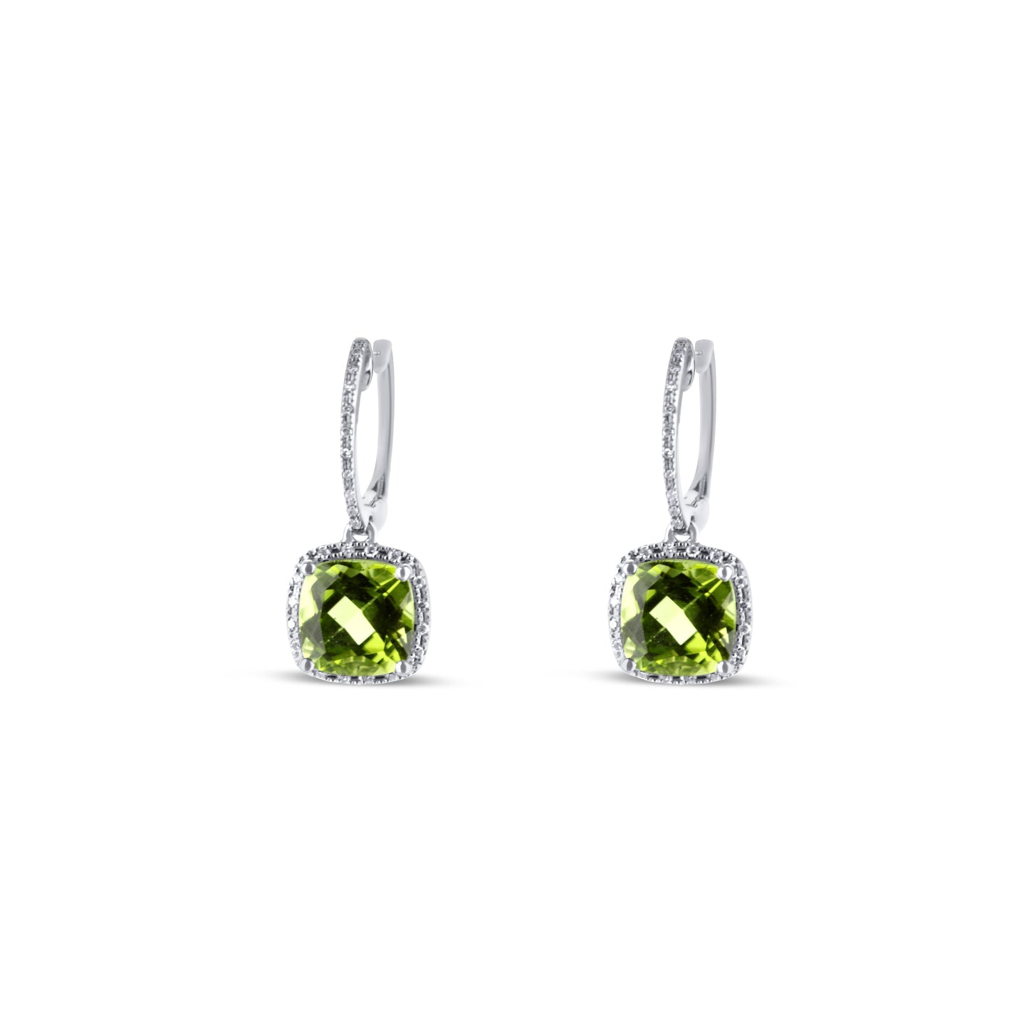 14K White Gold Peridot Drop Huggies With Diamond Halo