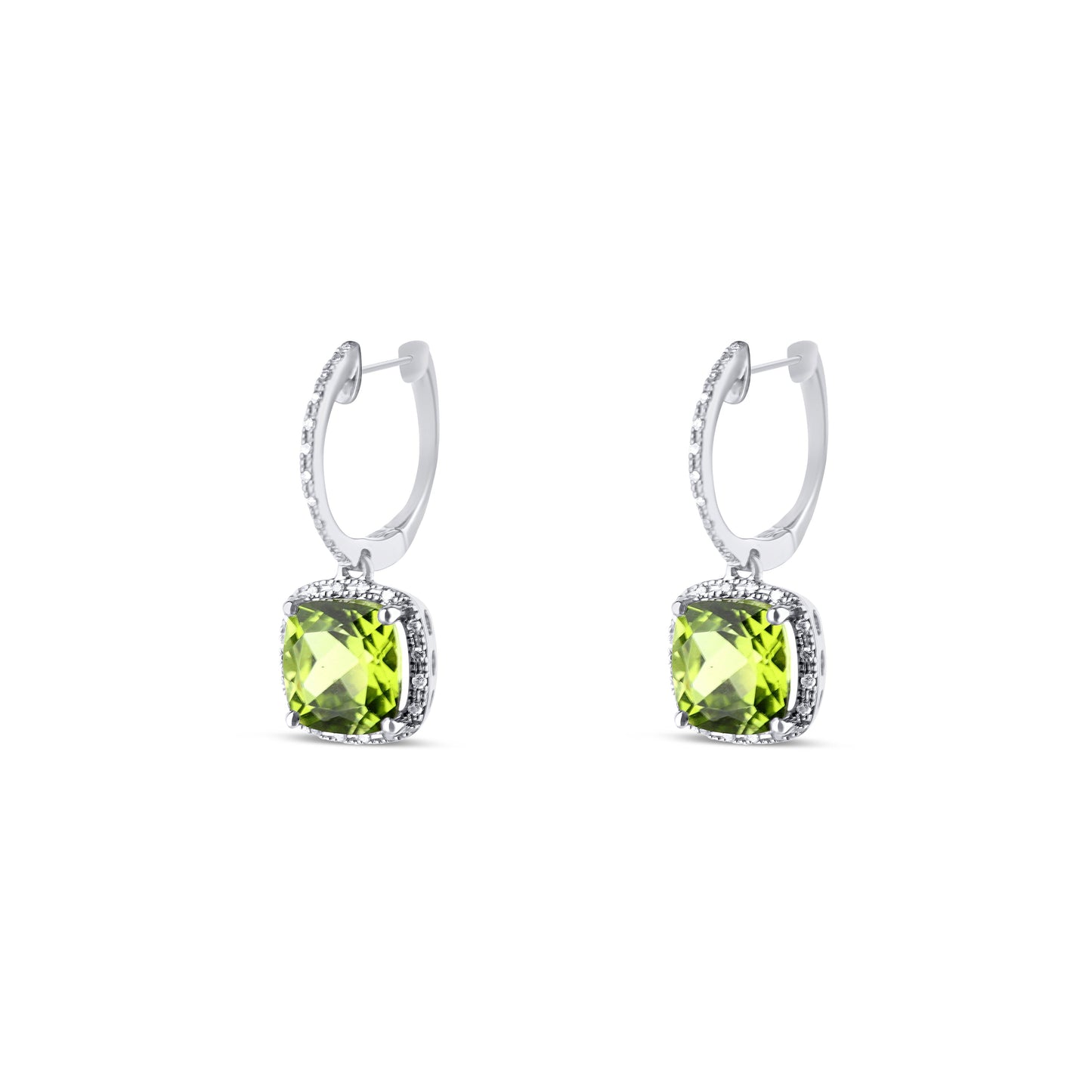 14K White Gold Peridot Drop Huggies With Diamond Halo