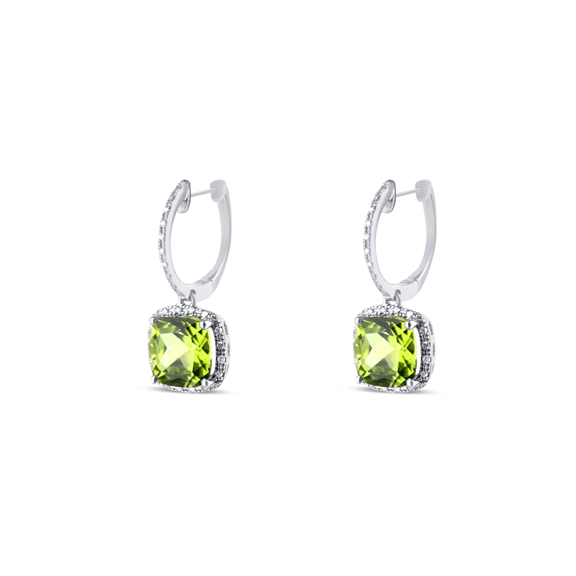 14K White Gold Peridot Drop Huggies With Diamond Halo