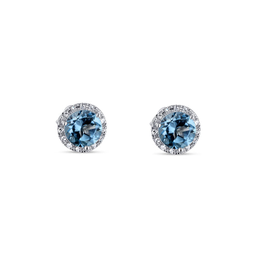 14K White Gold Blue Topaz Studs With Diamond Halo