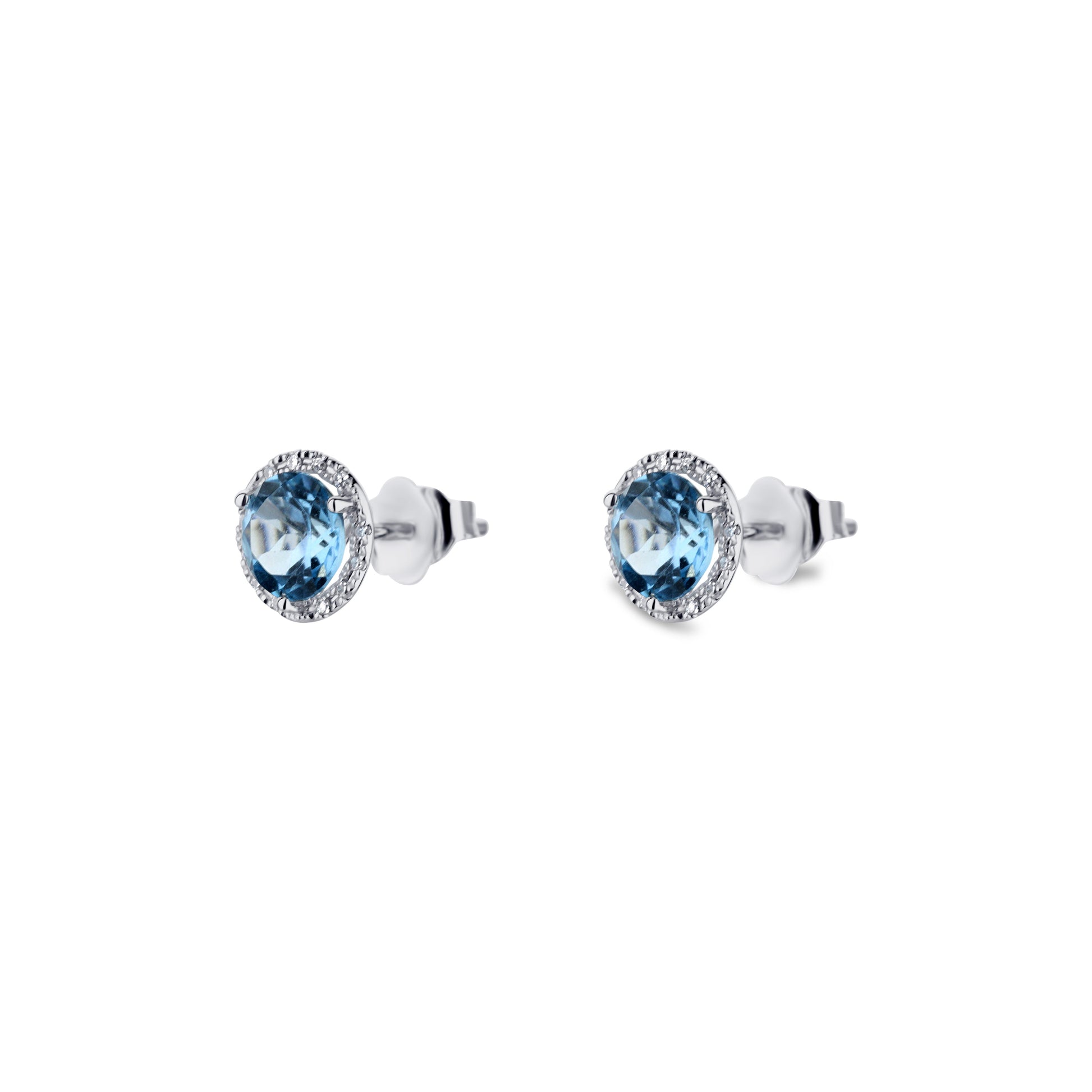 14K White Gold Blue Topaz Studs With Diamond Halo