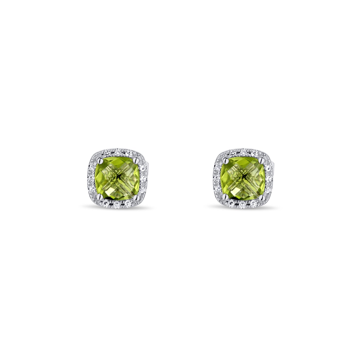 14K White Gold Peridot Cushion Cut Stud With Diamond Halo